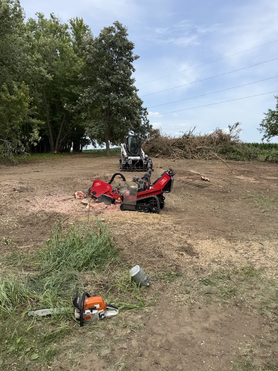 Red tracked mulcher and skid steer on freshly cleared ground